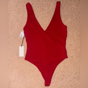 Red V-Neck One-Piece Bodysuit